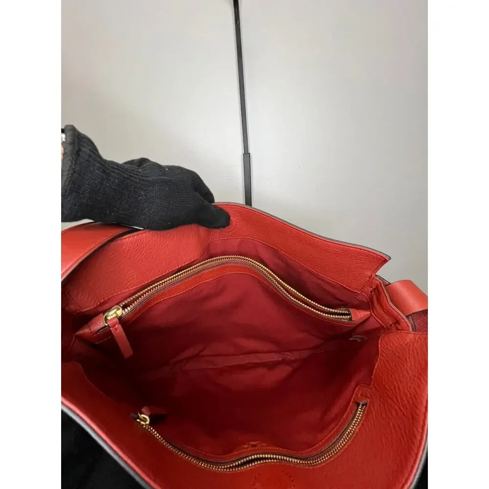 Tory Burch Gemini Link Belted Hobo Red Pebbled Leather Shoulder Bag